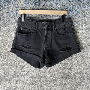 Amuse Society Shorts Womens 26 Black Denim Distressed Cutoff Cuffed Button Fly